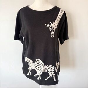 Vintage Women 80s 90s Novelty Animal Zebra Giraffe Ribbed Knit Top Large Casual